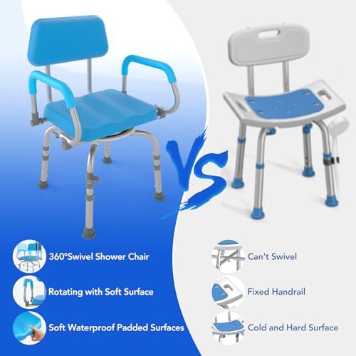 360° Swivel Shower Chair, Adjustable Shower Seat with Arms and Back & Soft Padded Seat for Bathtub, Non-Slip Rotating Bathtub Chair for Seniors Elderly Disabled Bariatric Pregnancy, 4-Level Height