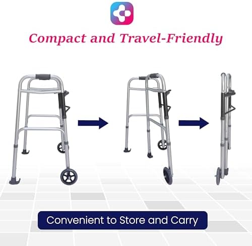 Dr. Aid Premium 2 Button Folding Walker with Wheels, Rolling Front Wheel Walker, Lightweight Walkers for Seniors, Durable Aluminum Frame, Adjustable Height, Supports Up to 400lbs, Aluminum Gray