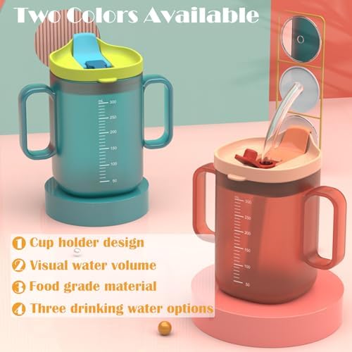 Spill Proof Sippy Cups for Seniors & Adults -10.2oz(300ml) with 2 Handles & Straw Lid, Elderly Drinking Cups for Patients, Disabled, Pregnant Women, Dishwasher Safe (Blue) (2, Blue+Orange)