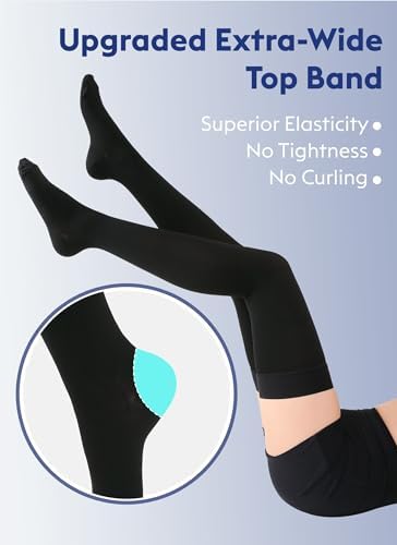 Thigh High Compression Stockings Closed Toe for Men & Women, Opaque, KEKING 15-20mmHg Graduated Compression Leg Support Hose with Silicone Band - Swelling, Varicose Veins, Edema, DVT, Black Large