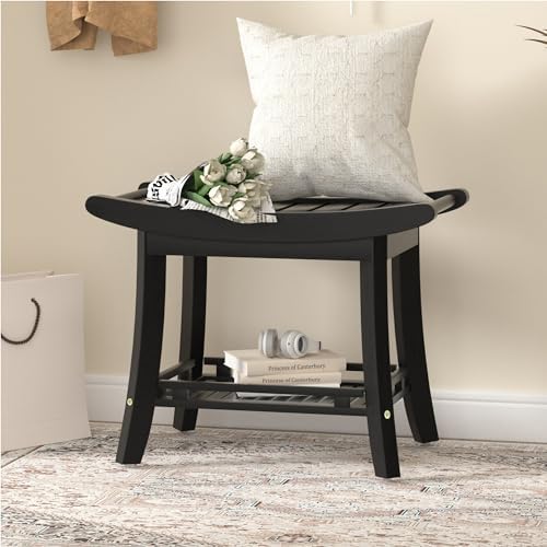 Bamboo Shower Bench Chair Bathroom Shower Stool Seat for Inside Shower Bathtub with Storage Shelf Shower Foot Rest for Shaving Legs 25.2 x 13 x 19.2 Inches Black