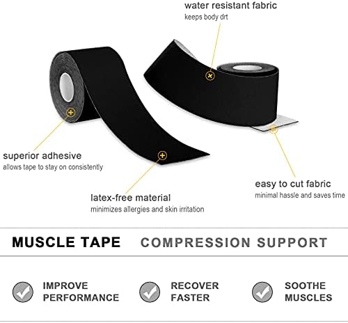 4 Pack Kinesiology Tape for Sports Athletes - 16 FT Waterproof Athletic Tape for The Knee, Elbow and Shoulder Muscles, etc.(5m X 5cm) (Black)