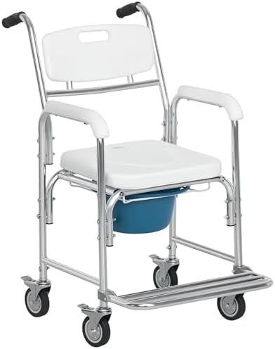 HOMCOM 3-in-1 Shower Commode Wheelchair, Transport Beside Commode Chair, Waterproof Rolling Over Toilet Chair 330 lbs. Weight Capacity with Padded Seat, White