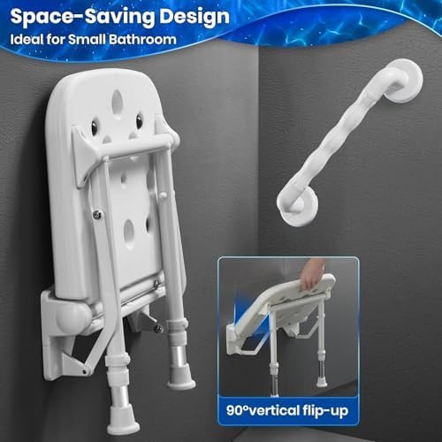 Wall Mounted Shower Seats with Bathroom Grab Bar, Support 550lbs, Adjustable Height Fold Down Shower Seat Wall Mounted, Folding Shower Bench Wall Mounted for Elderly-Adults-Pregnants-Seniors-Disabled