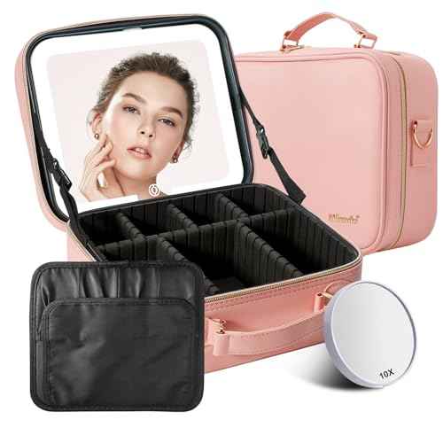 Mocado Travel Makeup Bag with LED Lighted Mirror, Travel Makeup Organizer, Makeup Case with 3 Color Lighted Setting and 10x Magnifying Mirror, Portable Storage and Adjustable Dividers Makeup Box(Pink)