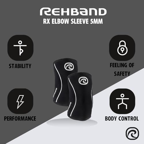 Rehband Elbow 5mm Compression Sleeve, Neoprene Elbow Sleeves for Weightlifting, Anatomical Design, Non-Slip & Close Fitting, Elbow Support Unisex, Colour:Black, Size:X-Large