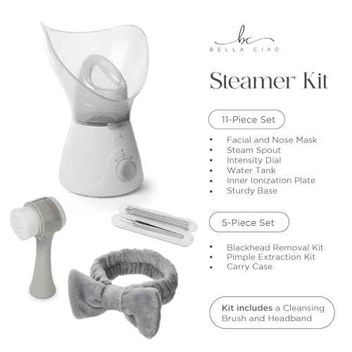 Bella Ciao 11-Piece Gentle Face Steamer Set with 2 Settings, At-Home Facial Spa Kit with Accessories, Facial Essentials, Includes Cleansing Brush and Blackhead-Remover Tools for Deep Pore Cleaning