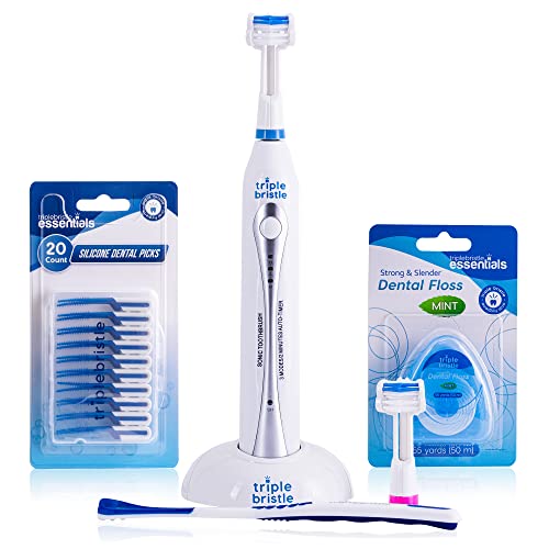 Triple Bristle Original Sonic Toothbrush | Rechargeable 31,000 VPM Tooth Brush | Patented 3 Head Design | Angled Bristles Clean Each Tooth | Dentist Approved | Triple Bristle Original + Oral Care Kit