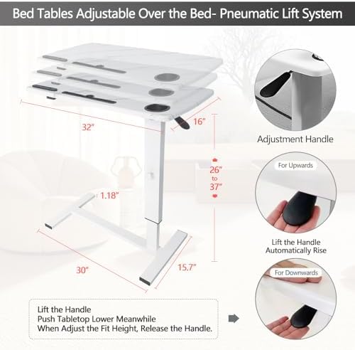 Overbed Table,Hospital Bed Table,Pneumatic Bed Tables Adjustable Over The Bed with Hidden Wheels&USB Port,Mobile Laptop Table Cart and Rolling Bedside Table with Tray Hospital Home Use-White