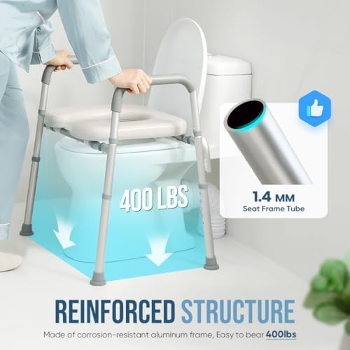 OasisSpace Raised Toilet Seat with handles-400lbs Heavy Duty Commode Chair with Safety Frame, Adjustable Stand Alone Elongated risers with arms for Elderly, Handicap, Disabled