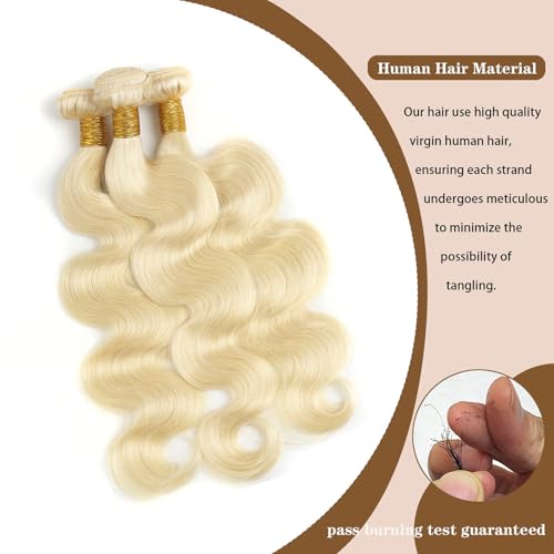 613 Bundles Human Hair 14 14 14 Inch Blonde Body Wave, 100% Real Human Hair Sew in Quick Weave Bundles Human Hair Extensions Double Weft, No Synthetic Blend, Dyeable