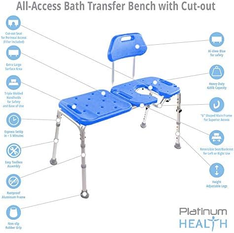 Platinum Health Bath Transfer Bench with Cutout Shower Seat, Deluxe All-Access Chair for Tub and Shower Transfers, Raised Toilet Seat for Seniors and Elderly, Adjustable Height, Includes Insert, Blue