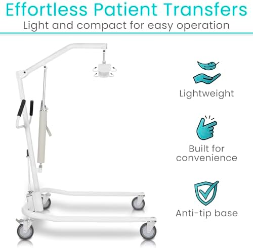 Vive Lightweight Hydraulic Patient Lift for Home Use with Sling - Portable Lift Assist System for Elderly & Disabled - Medical Transfer Aid for Floor, Falls, Car, Wheelchair & Bed - Sit to Stand Lift