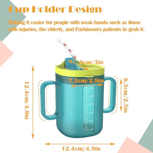 Spill Proof Sippy Cups for Seniors & Adults -10.2oz(300ml) with 2 Handles & Straw Lid, Elderly Drinking Cups for Patients, Disabled, Pregnant Women, Dishwasher Safe (Blue) (2, Blue+Orange)