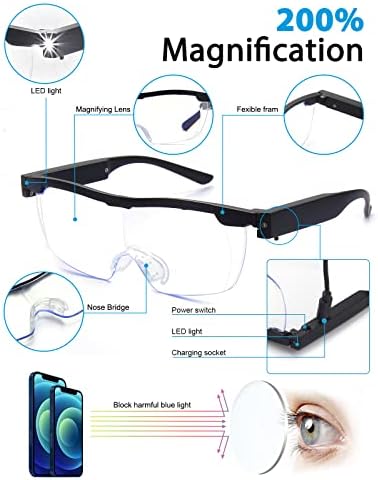 OKH 200% Magnifying Glasses with Light, Rechargeable LED Lighted Magnification Eyeglasses, Anti Blue Light, Bright Sight Hands Free Magnifier for Close Work, Craft, Jewellers, Reading, Hobby
