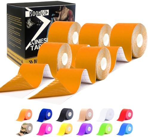 SOON GO Kinesiology Tape Pro 5 Rolls, 2 Inch High Elasticity Sports Tape Therapeutic Pain Relief–Physio Tape for Muscle Recovery & Joint Support, Waterproof & Hypoallergenic & Breathable–Orange