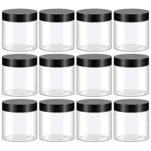 TUZAZO 4 Oz Plastic Container Jars with Lids and Labels BPA Free, Empty Round Clear Cosmetic Slime Jars for Lotion, Cream, Ointments, Body Butter, Makeup, Travel Storage (12 Pack)