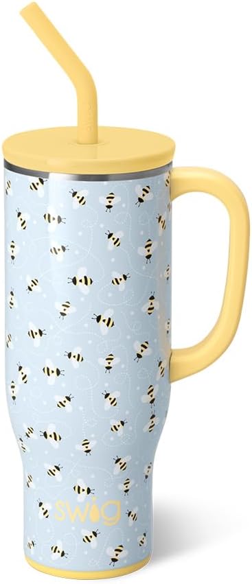 Swig Life 30oz Mega Mug, 30 oz Tumbler with Handle and Straw, Cup Holder Friendly, Dishwasher Safe, Extra Large Insulated Tumbler, Stainless Steel Water Bottle (Busy Bee)