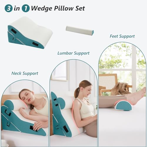 Bed Wedge Pillow Set for Sleeping 3 PCS - 16.5" Wide Triangle Pillow for Back Leg Pain Relief with Washable Cover - 35D Foam Wedge Pillow Post Surgery for Acid Reflux & Snoring (White Blue)
