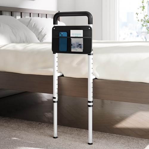 Bed Rails for Elderly Adults Safety - Height Adjustable Bedrail with Storage Pocket and Non-Slip Handle Bar for Getting in&Out of Bed, Hold up to 300LBs - Fits Twin Full Queen King,Black
