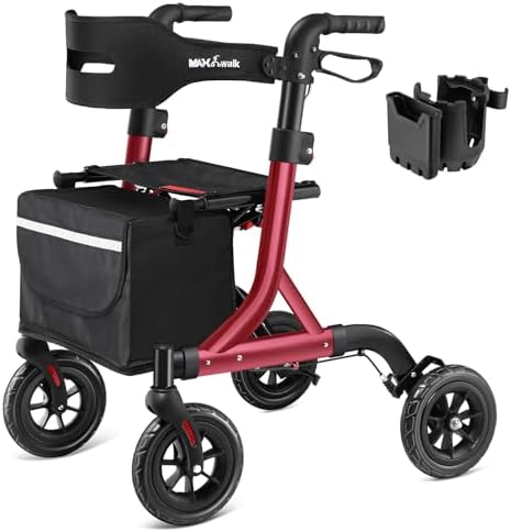 Walkers for Seniors, Rollator Walker with Seat, 8" Rubber Wheels All Terrain Rollator Walker with Backrest, Aluminum Walkers Built-in Cable, Foldable and Adjustable Height for Seniors, Red