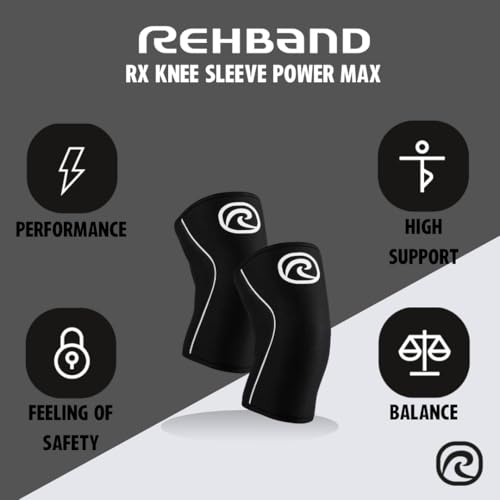 Rehband Rx Knee Sleeve Power Max, 1 piece, knee support 7mm neoprene, strongman, heavy lifting, longest knee sleeve, Colour:Black, Size:XL