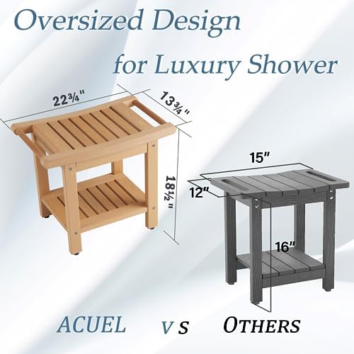 Poly Lumber Shower Bench Seat, Larger Size 22" x 13", Shower Benches for Inside Shower, Waterproof Shower Stool with Handles & Storage Shelf, Shower Chair for Bathroom, Bath Stool (Teak Color)