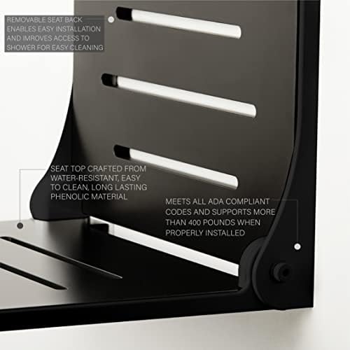 Seachrome SHAF-185155-PBS-S-MB High Back Silhouette Folding Wall Mount Shower Bench Seat with Matte Black Frame