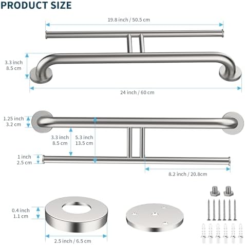 Brushed Nickel Handicap Grab Bars 24 Inch, Stainless Steel Bathroom Safety Grab Bar w/Toilet Paper Holder, Wall Mounted Tissue Paper Roll Holder, Assistance Toilet Shower Handle for Elderly Senior