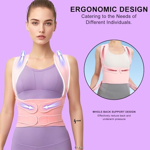 Posture Corrector for Women and Men,Adjustable Full Back Brace and Shoulder Straightener,for Back Pain Relief,Hunchback Correction,Scoliosis,Posture Trainer（Pink, large）