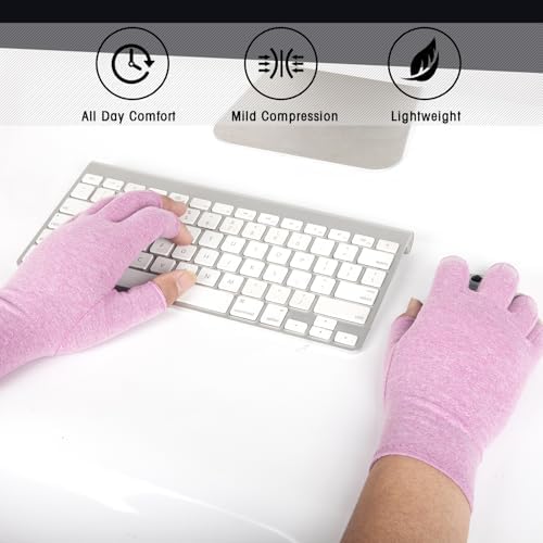 2 Pairs Arthritis Compression Gloves for Women Men, Fingerless Breathable & Moisture Wicking Compression Gloves for Relieving Carpal Tunnel Aches, Rheumatoid Pains, Joint Swell Purple L