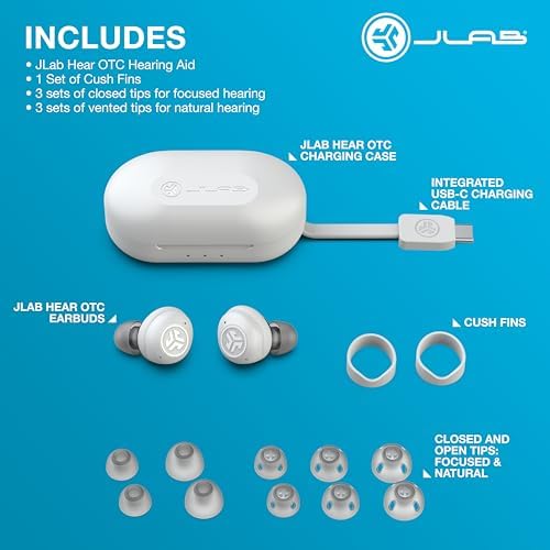 JLab Hear OTC Hearing Aid & Earbuds, Cloud White, Traditional Earbud Fit, Four Preset Hearing Modes, in-Ear Detection and Built-in Feedback Suppression, Independent Volume Control and Touch Controls