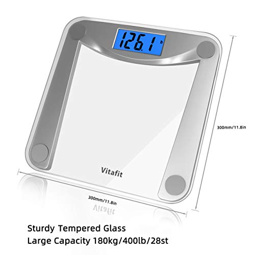 Vitafit Digital Bathroom Weight Scale for Body Weight, Extra Large Blue Backlit LCD and Step-On, 11.8x11.8in, 400lb,