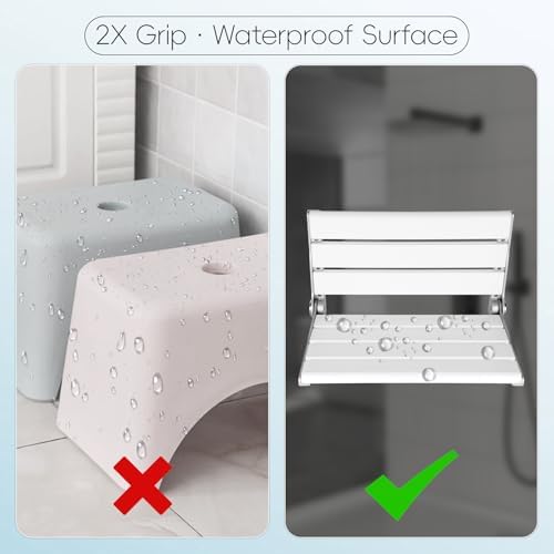 Wall Mounted Shower Seat – 16IN Teak Fold Down Shower Seat for Elderly, Disabled & Pregnant Women – Sturdy Shower Benches for Inside Shower with 400LB Capacity – 2025 Premium White Shower Bench