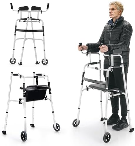 Folding Walkers for Seniors, Upright Walker with Seat, Removable Arm Support & 5" Wheels, Height Adjustable Platform Walker Mobility Aid for Elderly