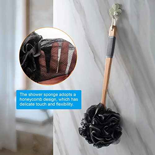 AmazerBath Shower Sponge Loofah Back Scrubber, PE Soft Mesh Loofah Body Scrubber with Long Wooden Handle, Bath Sponge for Men Women (Black)