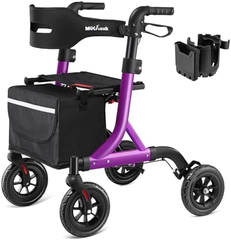 Walkers for Seniors, Rollator Walker with Seat, 8" Rubber Wheels All Terrain Rollator Walker with Backrest, Aluminum Walkers Built-in Cable, Foldable and Adjustable Height for Seniors, Purple