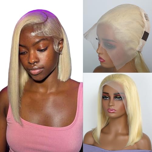 Blonde 613 13x6 Lace Front Bob Wig Human Hair Straight Transparent Lace Frontal Wigs Pre Plucked with Baby Hair 180 Density Brazlian Remy Glueless Lace Short Wigs for Black Women