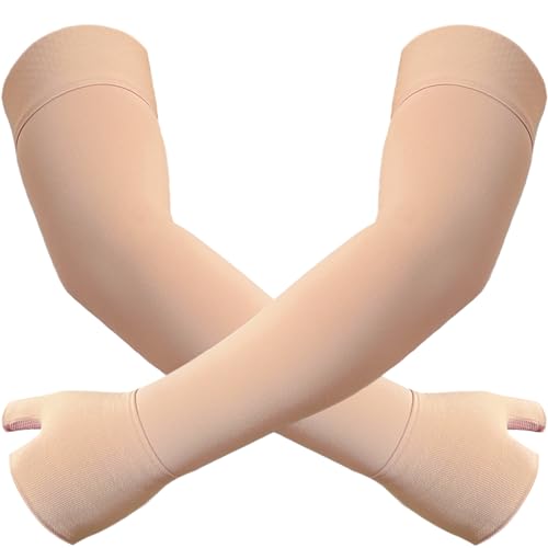 Medical Compression Arm Sleeve with Silicone Dot&Gauntlet for Women Men,20-30 mmHg Graduated Compression Full Arm Support for Edema,Post Surgery Recovery,Swelling,Pain Relief(Large,Pair)