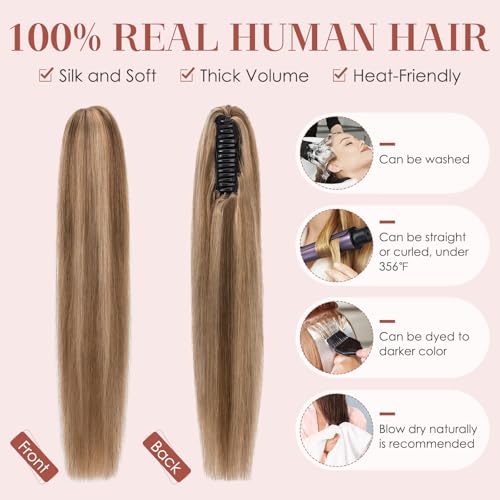 Human Hair Claw Clip Ponytail, Claw Clip Human Hair Ponytail,Effortless Application with Secure Hold,Style in Seconds,Quick Styling Solutions for Busy Lives 16"/109g Medium Brown Mix Dark Blonde