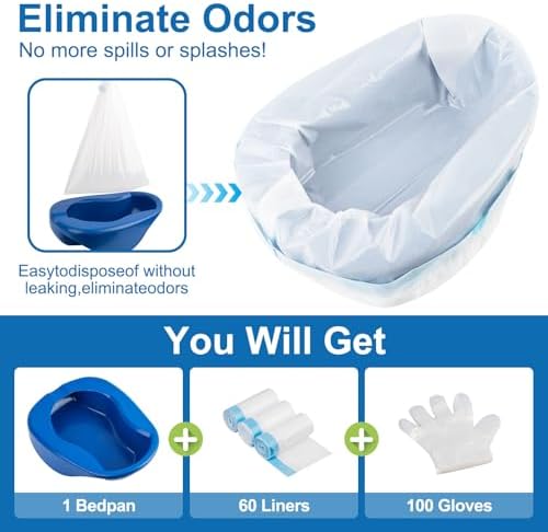 Large Size Bed Pan Set, Including 60 Liners and 100 Gloves. These bedpans are Comfortable for Both Women and Men and are Made of Thick, Oversized, Heavy-Duty PP Material