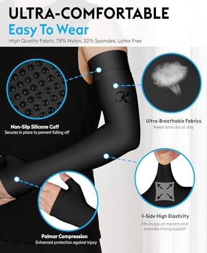 KEKING Lymphedema Compression Arm Sleeve with Gauntlet for Women Men, 20-30 mmHg Medical Graduated Compression Arm Brace, Full Arm Support Brace for Pain Relief, Arthritis, Swelling, Single Black M