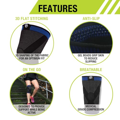 Pro-Tec Athletics 3D Flat Knee Support, Advanced Flat Knit Technology for Custom Fit, Breathable Multi-Directional Stretch Fabric, Non-Slip Gel for Enhanced Stability, XL, Blue/Black