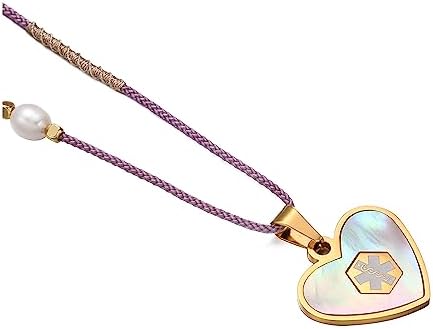 Medical Alert Necklace for Women Shell & Gold-Tone Stainless Steel Emergency ID Tag Pendant Necklace for Girls Custom Engraved Medical Alert Jewelry