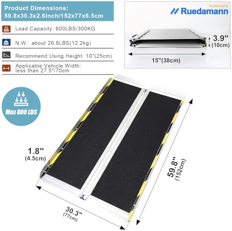 Ruedamann Wheelchair Ramp, Wider Design Threshold Ramp, Portable and Foldable Design, 600 Pound Capacity, Non-Skid Surface, for Home, Steps, Stairs, Doorways (5FT, Pack of 1)