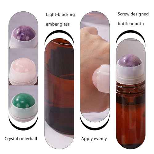 2 pack 1.7oz Large Amber Glass Roll on Bottles Rose Quartz Roller Ball Applicator for Essential Oils Perfume Refillable Empty Deodorant Containers with Pink Crystal Rollerball