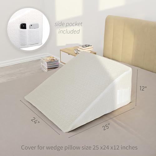 Wedge Pillow Cover for 25x24x12 Bed Wedge Pillow, Hypoallergenic Replacement Case with Zipper & Pockets