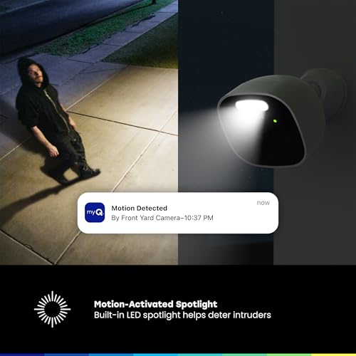 myQ Outdoor Battery Camera | 2K Camera, Color Night Vision, Spotlight, Motion Alerts, Live View with Two-Way Talk, Wireless, Weather-Resistant, Outdoor, White, 4 Pack