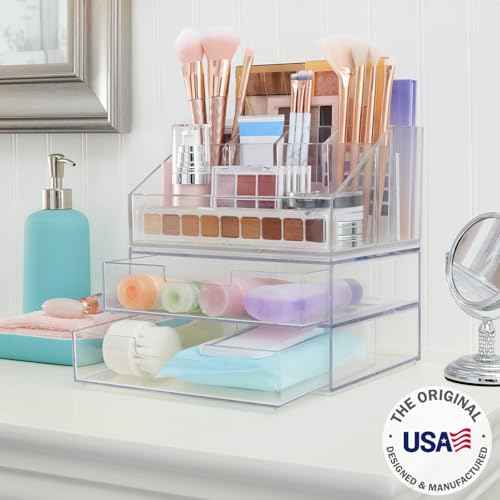 STORi Chloe Stackable Makeup Holder & Drawer Organizer Set, Clear, BPA-Free Plastic, Made in USA, Organize Brushes, Cosmetics & Beauty Essentials