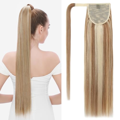 Benehair Ponytail Extension Wrap Around Ponytail Hair Extension with Magic Paste Human Hair Natural Long Straight One piece Hairpieces for Women 22inch Adding Volume Golden Brown&Bleach Blonde #12P613